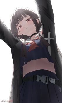 1girl backlighting belt black_belt black_choker black_hair black_jacket black_shirt black_skirt blunt_bangs chisa_(wuthering_waves) choker commentary cowboy_shot cropped_shirt cryne from_below highres jacket long_hair long_sleeves looking_at_viewer looking_down midriff neckerchief open_clothes open_jacket parted_lips pleated_skirt red_eyes red_neckerchief sailor_collar shirt simple_background skirt solo twitter_username white_background white_sailor_collar wuthering_waves