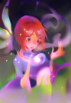 1girl bob_cut commentary cowboy_shot cropped_shirt english_commentary eyes_visible_through_hair feathered_wings gradient_background green_background green_wings henshin highres ladyshalirin light_blush lipstick long_sleeves magic magical_girl makeup midriff navel open_mouth pink_lips purple_shirt red_eyes red_hair shirt short_hair signature solo sparkle standing surprised teeth transformation turtleneck turtleneck_shirt upper_teeth_only w.i.t.c.h. wide-eyed wide_sleeves will_vandom wings