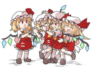 1girl 4girls anger_vein blonde_hair blue_gemstone brown_footwear buttons clone closed_eyes collared_shirt crossed_arms crying flandre_scarlet four_of_a_kind_(touhou) frilled_hat frilled_shirt frilled_skirt frilled_sleeves frilled_wristband frills full_body gem green_gemstone hair_between_eyes hat hat_ornament hat_ribbon jewelry kneehighs medium_hair mob_cap multicolored_wings multiple_girls neckerchief open_mouth poking poking_nose ponytail puffy_short_sleeves puffy_sleeves pulling red_eyes red_gemstone red_ribbon red_skirt red_vest ribbon shinmon_akika shirt shoes short_sleeves side_ponytail simple_background skirt skirt_set sleeve_ribbon socks standing sweat sweatdrop tears teeth torn torn_clothes touhou v-shaped_eyebrows veins vest waist_ribbon white_background white_headwear white_ribbon white_shirt white_socks wings wrist_cuffs wristband yellow_neckerchief