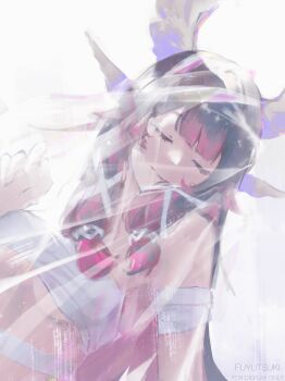 absurdres artist_name bandaged_arm bandaged_chest bandages bare_shoulders black_hair breasts closed_eyes closed_mouth columbina_(genshin_impact) commentary fuyutsuki11 genshin_impact hair_wings highres large_breasts long_hair pink_hair simple_background upper_body white_background white_wings wings