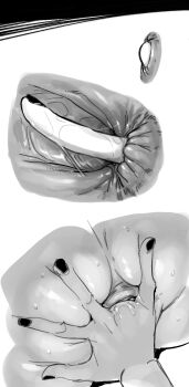 1girl anal anal_fingering anal_fluid anus ass ass_focus black_nails close-up commentary doppel_(bonnypir) fingering fingernails greyscale highres monochrome simple_background sweat symbol-only_commentary white_background x-ray