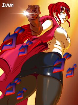 1girl ass breasts brown_gloves cosplay crossover female_focus gloves glowing green_eyes highres jacket jacket_on_shoulders jojo_no_kimyou_na_bouken jojo_pose large_breasts long_hair looking_at_viewer looking_down mariah_(jojo) mariah_(jojo)_(cosplay) midriff navel pantyhose pointing ponytail pyrrha_nikos red_hair rwby solo stardust_crusaders sunglasses sunglasses_on_head thick_thighs thighs threatening zilvan