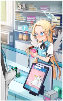 1boy 1girl apron black_bow black_bowtie blonde_hair blue_apron blue_archive blue_eyes blue_halo blush bow bowtie bulge closed_mouth dot_nose embarrassed erection erection_under_clothes eyelashes forehead halo hetero indoors loli long_hair looking_at_another looking_down oscarlllll shirt solo_focus sora_(blue_archive) standing surprised wavy_mouth white_shirt wings