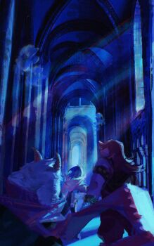 1boy 1girl 1other absurdres animal_ears arch blue_hair blue_theme colored_skin creature dated deltarune facing_away from_behind furry furry_male goat_ears goat_horns hallway highres horns indoors kris_(dark_world)_(deltarune) kris_(deltarune) light_rays mizzle_(deltarune) moyi7239 pink_scarf pink_skin purple_hair ralsei scarf scenery short_hair signature susie_(dark_world)_(deltarune) susie_(deltarune) utdr_(toby_fox)