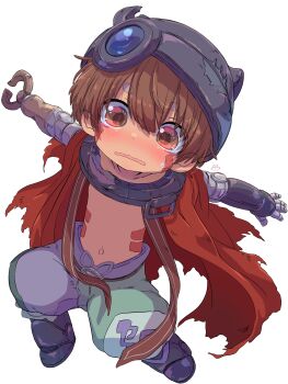 Rule 34 | 1boy, absurdres, black boots, black helmet, blush, body markings, boots, brown eyes, brown hair, cape, commentary request, dark-skinned male, dark skin, embarrassed, facial mark, fake horns, full body, green pants, hair between eyes, helmet, highres, horned helmet, horns, looking at viewer, made in abyss, male focus, mechanical arms, outie navel, outstretched arms, pants, red cape, reg (made in abyss), sekaineko 001, short hair, simple background, solo, spread arms, sweatdrop, thick eyebrows, topless male, torn cape, torn clothes, white background