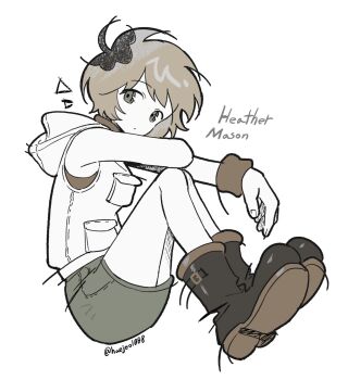 1girl black_hair boots brown_hair character_name full_body grey_eyes haejeo1008 heather_mason highres hood hood_down hoodie knees_up looking_to_the_side miniskirt multicolored_hair roots_(hair) short_hair silent_hill_(series) silent_hill_3 skirt sleeveless sleeveless_hoodie solo twitter_username wristband