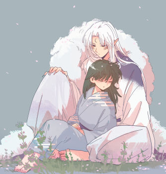 Rule 34 | 1boy, 1girl, barefoot, black hair, closed eyes, commentary request, crescent, crescent facial mark, facial mark, fingernails, forehead mark, full body, grey background, half-closed eyes, hetero, highres, inuyasha, japanese clothes, nikka 2tim, orange eyes, parted bangs, pointy ears, rin (inuyasha), sesshoumaru, sharp fingernails, sitting, white hair