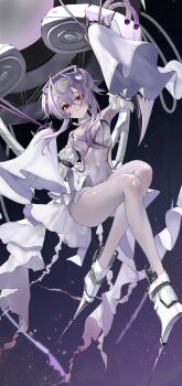 1046u 1girl absurdres ahoge air_bubble arm_up armored_boots armpits boots breasts bubble cleavage collar covered_navel detached_sleeves frills full_body goddess_of_victory:_nikke hair_between_eyes hair_intakes hairband hand_up headgear highres leotard liberalio_(nikke) looking_at_viewer machine pantyhose purple_hair red_eyes shiny_clothes short_hair_with_long_locks sleeves_past_fingers sleeves_past_wrists small_breasts solo twintails underwater white_collar white_leotard white_pantyhose white_sleeves wire