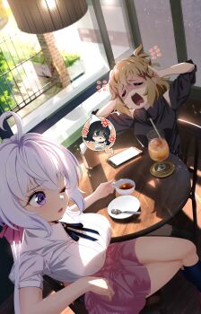 3girls absurdres ahoge breasts brown_hair cellphone chibi grey_hair highres kohinata_miku large_breasts legs medium_breasts multiple_girls nyanmaru one_eye_closed phone purple_eyes senki_zesshou_symphogear shirt sidelocks skirt sunlight tachibana_hibiki_(symphogear) white_shirt yukine_chris