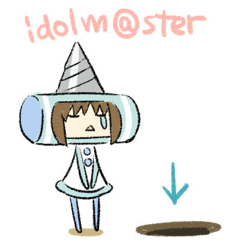 1girl arrow_(symbol) brown_hair chan_co closed_eyes copyright_name drill full_body hagiwara_yukiho hole idolmaster idolmaster_(classic) katamari_damacy namco parody simple_background single_tear solo standing white_background