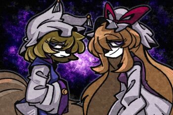 2girls animal_ears blonde_hair blue_eyes breasts closed_mouth commentary dress empty_eyes eyelashes fox_ears fox_girl fox_tail hair_over_one_eye half-closed_eye hands_in_opposite_sleeves hat hat_ribbon long_hair long_sleeves looking_at_viewer mandarin_collar medium_breasts mob_cap multiple_girls multiple_tails ofuda ofuda_on_clothes orange_hair purple_eyes purple_tabard red_ribbon ribbon short_hair sidelocks smile standing star_(sky) starry_sky_background suenari_(peace) symbol-only_commentary tabard tail touhou v-shaped_eyebrows very_long_hair wavy_hair white_dress white_hat wide_sleeves yakumo_ran yakumo_yukari