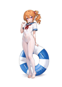 1girl absurdres breasts cameltoe commentary_request highres loli long_hair looking_at_another navel one-piece_swimsuit orange_hair pantyhose purple_eyes sailor_collar short_sleeves side_ponytail small_breasts stirrup_legwear stmast stomach swimsuit tashkent_(warship_girls_r) toeless_legwear warship_girls_r white_one-piece_swimsuit white_pantyhose