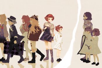 Rule 34 | 1boy, 6+girls, absurdres, aged down, animal ear headwear, black coat, black dress, black footwear, black hat, black pants, black shorts, blonde hair, boater hat, boots, bow, brown hat, brown jacket, checkered hairband, circlet, cleavage cutout, clothing cutout, coat, dorothea (reverse:1999), dress, face-to-face, fake animal ears, full body, glasses, goggles, goggles on headwear, grey background, grey cloak, grey coat, grey footwear, grey hair, grey sleeves, grey sweater, hairband, hat, hat bow, highres, isabella (reverse:1999), jacket, juliet sleeves, knee boots, layered sleeves, lilya (reverse:1999), long sleeves, looking at another, looking back, matilda bouanich, mesmer jr., multiple girls, orange hair, pants, pants under dress, profile, puffy sleeves, red hairband, reflective floor, reverse:1999, shirt, short dress, short hair, short over long sleeves, short sleeves, shorts, socks, sonetto (reverse:1999), standing, suitcase, sweater, the ring (reverse:1999), time paradox, tn kn1000, vertin (reverse:1999), walking, watermark, white dress, white hairband, white pants, white shirt, white shorts, white socks