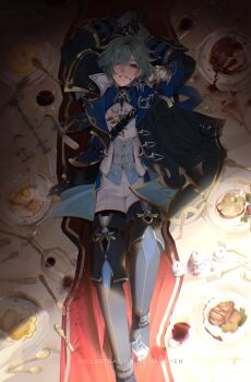 1boy absurdres armor arms_up artist_name black_boots black_cape black_choker black_gloves black_jacket blue_eyes blue_shirt boots broken_glass candelabra candle candlestand cape choker chromatic_aberration commentary copyright_notice cup drink drinking_glass english_commentary food food_on_face fork full_body genshin_impact glass gloves grey_hair hair_between_eyes hanapen highres jacket knife lohen_(genshin_impact) long_sleeves looking_at_viewer lying male_focus meat mole mole_under_eye multicolored_eyes on_back on_table pants parted_lips pauldrons planted planted_knife plate red_eyes shirt short_hair shoulder_armor side_cape single_pauldron smile solo spill spoon table table_knife tablecloth tassel thigh_boots thigh_strap two-sided_gloves two-tone_eyes two-tone_shirt weapon white_pants white_shirt