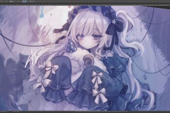 Rule 34 | 1girl, art program in frame, black bow, black ribbon, blue dress, blue hairband, bow, commentary request, dress, frilled dress, frills, gothic lolita, hair ribbon, hairband, highres, holding, holding stuffed toy, jitome, lolita fashion, lolita hairband, long hair, long sleeves, looking at viewer, mahou shoujo no majo saiban, natsume an-an, nemurin (iinemurin), one side up, parted lips, polka dot, polka dot bow, purple eyes, ribbon, sleeves past fingers, sleeves past wrists, solo, stuffed animal, stuffed sheep, stuffed toy, unfinished, very long hair