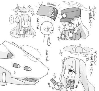 ... 1boy 2girls :d binah_(blue_archive) blue_archive blush_stickers bow capelet chibi closed_eyes closed_mouth doodle_sensei_(blue_archive) dress gloves hair_bun halo hat hikari_(blue_archive) holding jacket long_hair long_sleeves low_wings mika_(blue_archive) miranofuudoria multiple_girls open_mouth pointy_ears profile robot romaji_text sensei_(blue_archive) shako_cap simple_background single_side_bun small_sweatdrop smile spoken_ellipsis sweat white_background wings |_|