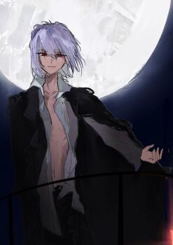 1boy arm_at_side black_coat black_pants coat collared_shirt commentary_request cosplay full_moon hair_between_eyes long_coat male_focus medium_hair michael_roa_valdamjong michael_roa_valdamjong_(cosplay) moon night official_alternate_costume open_clothes open_fly open_shirt overcoat pants possessed red_eyes rong301718 scene_reference shirt smile standing tohno_shiki_(2) tsukihime white_hair white_shirt