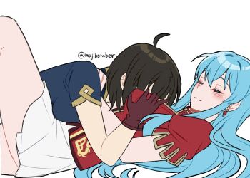 aqua_hair artist_self-insert between_breasts black_hair blue_shirt blush breasts closed_eyes closed_mouth earrings eirika_(fire_emblem) face_between_breasts fire_emblem fire_emblem:_the_sacred_stones hair_between_eyes head_between_breasts jewelry long_hair lying maji_(majibomber) nintendo on_back red_shirt shirt short_hair short_sleeves skirt twitter_username white_background white_skirt yuri