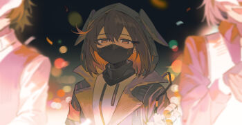 1girl 2others absurdres animal_ears arknights black_background black_jacket black_shirt black_vest blurry blurry_foreground bokeh collared_shirt crownslayer_(arknights) depth_of_field dopperu_ben highres hood hood_up hooded_jacket hyena_ears jacket looking_at_viewer mask multiple_others orange_eyes orange_hair shirt short_hair simple_background upper_body vest white_shirt white_vest