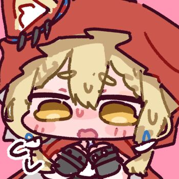 1girl animal_ear_fluff animal_ears arknights arknights:_endfield black_gloves blonde_hair blush capelet chibi chibi_only double-parted_bangs ear_ornament ears_through_headwear ears_through_hood embarrassed facing_viewer fingerless_gloves flying_sweatdrops full-face_blush furrowed_brow gloves hands_up highres hood hood_up hooded_capelet looking_down miratsu_(miratsu169) own_hands_together pink_background portrait puffy_cheeks red_capelet red_hood rossi_(arknights) short_eyebrows simple_background solo straight-on sweatdrop tearing_up wolf_ears wolf_girl yellow_eyes