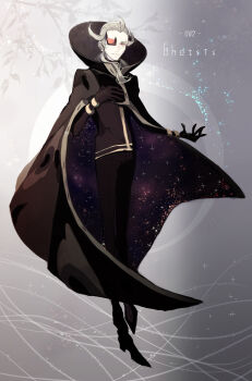 1boy absurdres black_cloak black_coat black_gloves black_pants black_shoes blonde_hair branch character_name cloak coat copyright_name dappled_sunlight facing_to_the_side full_body ghetsis_(pokemon) gloves grey_background hair_slicked_back high_collar highres light_particles light_smile looking_to_the_side low_ponytail male_focus nintendo outstretched_arm pants partially_unbuttoned plant pokemon pokemon_bw2 ponytail red_eyes scouter shoes side_ponytail solo sparkle sunlight uenoike_(194753) vines