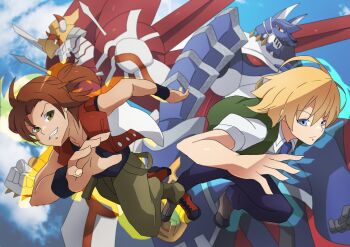 Rule 34 | 2boys, daimon masaru (digimon savers), digimon, digimon (creature), horns, jacket, looking at viewer, miragegaogamon, multiple boys, roy payne, shinegreymon, smile, thoma h. norstein, wings