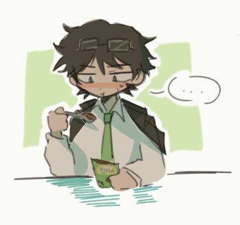 ... 1boy black_jacket blush brown_hair chewing collared_shirt commentary eating english_commentary eyewear_on_head green_necktie holding holding_spoon jacket jacket_on_shoulders limbus_company necktie project_moon samjo_(project_moon) samjoyume shirt short_hair solo spoken_ellipsis spoon sweatdrop upper_body white_shirt