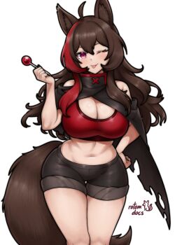1girl ;p absurdres animal_ears artist_logo black_nails black_shorts breasts brown_hair candy cape cleavage cowboy_shot food fox_ears fox_girl fox_tail highres large_breasts leaning_forward logo lollipop looking_at_viewer midriff multicolored_hair navel one_eye_closed original pink_eyes red_hair red_sports_bra rotomdocs short_shorts shorts signature solo sports_bra streaked_hair tail tongue tongue_out torn_cape torn_clothes
