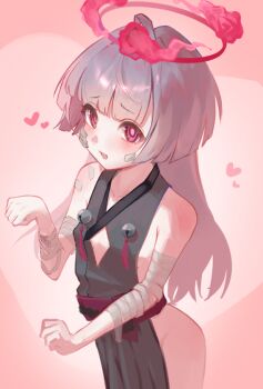 1girl bandaged_arm bandages bare_shoulders bell blue_archive blush euueeu flat_chest gauze gauze_on_cheek gauze_on_face halo heart jingle_bell long_hair looking_at_viewer red_eyes red_halo shuro_(blue_archive) sideless_dress sideless_kimono sideless_outfit solo