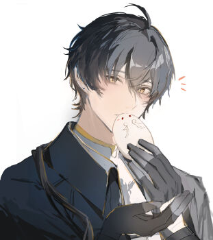 Rule 34 | 1boy, absurdres, arm up, black gloves, black hair, black jacket, brown eyes, collared jacket, commentary request, double-parted bangs, gloves, highres, jacket, long sleeves, male focus, male rover (wuthering waves), notice lines, open clothes, open jacket, rover (wuthering waves), shirt, short hair, simple background, solo, upper body, white background, white shirt, wing collar, wuthering waves, yobi45697