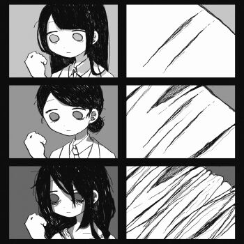 1girl absurdres bags_under_eyes black_border border close-up closed_mouth commentary empty_eyes expressionless greyscale hair_bun hand_up highres kamisillust long_sleeves looking_down messy_hair monochrome original progression self-harm sequential simple_background wrist_cutting