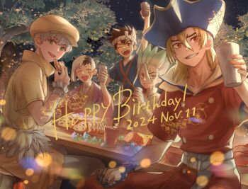 5boys asagiri_gen bandages black_hair blonde_hair brown_eyes brown_hair chrome_(dr._stone) closed_eyes cup dated dr._stone eating food green_eyes green_hair grey_hair grin hair_between_eyes happy_birthday hat headband holding holding_cup holding_food holding_hands ishigami_senkuu japanese_clothes looking_at_viewer male_focus multicolored_hair multiple_boys nanami_ryuusui night night_sky one_eye_closed open_mouth outdoors pirate_hat red_eyes saionji_ukyou short_hair sitting sky smile spiked_hair teeth tree two-tone_hair white_hair yellow_eyes yukoyuko1118