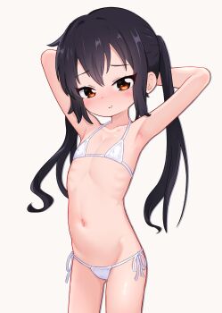 1girl armpits arms_behind_head bikini black_hair flat_chest highres k-on! loli long_hair nakano_azusa navel pepzi side-tie_bikini_bottom simple_background solo swimsuit twintails white_background white_bikini