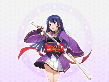 1girl armor black_gloves blunt_ends drawing_sword fingerless_gloves game_cg gloves holding holding_sheath holding_sword holding_weapon japanese_armor japanese_clothes kimono long_hair long_sleeves looking_at_viewer official_art open_mouth purple_eyes purple_hair purple_kimono sheath shoujo_kageki_revue_starlight shoujo_kageki_revue_starlight_-re_live- solo standing sword tomoe_tamao unsheathing upper_body weapon wide_sleeves