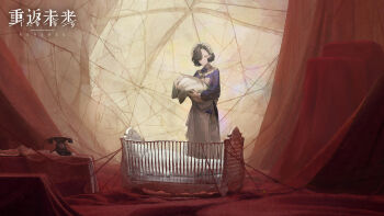 Rule 34 | 1girl, antique phone, apron, black hair, blanket, copyright name, crib, dress, expressionless, full body, hair over one eye, highres, holding, holding blanket, indoors, logo, long dress, long sleeves, looking at viewer, maid, maid headdress, official art, phone, pink eyes, puffy long sleeves, puffy sleeves, purple dress, curtains, reverse:1999, rotary phone, short hair, solo, standing, swaddled, tuesday (reverse:1999), white apron