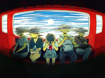 Rule 34 | 2girls, 3boys, absurdres, backpack, bag, chaojufei, commentary, highres, holding, holding phone, multiple boys, multiple girls, neckerchief, obscured, original, phone, pleated skirt, red neckerchief, school uniform, serafuku, short hair, short sleeves, sitting, skirt, subway, train interior