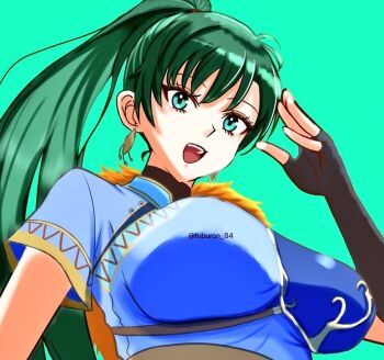 Rule 34 | 1girl, :d, black gloves, blue dress, cape, dress, earrings, elbow gloves, fingerless gloves, fire emblem, fire emblem: the blazing blade, fire emblem heroes, from below, fuburon 84, fur cape, gloves, green background, green eyes, green hair, hair between eyes, high ponytail, jewelry, long hair, looking at viewer, looking down, lyn (brave lady) (fire emblem), lyn (fire emblem), nintendo, official alternate costume, open mouth, ponytail, salute, short sleeves, simple background, smile, solo, twitter username, upper body, very long hair, wispy bangs