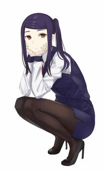1girl :/ asakiri_koko black_pantyhose black_shoes blue_skirt blue_vest collared_shirt commentary_request full_body hands_on_own_cheeks hands_on_own_face high_heels highres jill_stingray long_hair long_sleeves looking_at_viewer necktie pantyhose pencil_skirt purple_hair red_eyes red_necktie shirt shoes sidelocks simple_background skirt solo squatting swept_bangs twintails va-11_hall-a vest white_background white_shirt