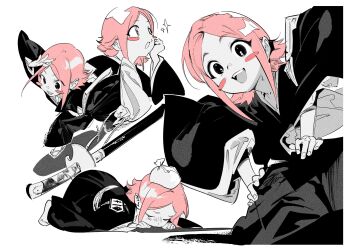 1girl :d atie1225 bleach blush_stickers closed_eyes commentary dogeza flipped_hair from_above happy highres holding holding_sword holding_weapon japanese_clothes katana kimono kusajishi_yachiru multiple_views open_mouth pink_hair shihakusho short_hair short_hair_with_long_locks smile sparkle spot_color sword symbol-only_commentary tabi teeth upper_teeth_only weapon wide_sleeves