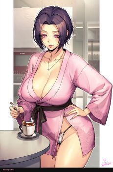 1girl artist_name bathrobe breasts cleavage commentary_request cup english_text female_pubic_hair fingernails hand_on_own_hip highres holding holding_spoon indoors jewelry large_breasts long_fingernails mole mole_under_eye mole_under_mouth multiple_moles necklace original oven panties parted_bangs parted_lips pink_eyes pink_nails pubic_hair purple_hair rioliogiz short_hair solo spoon table teacup underwear white_panties