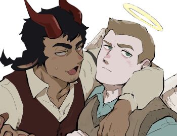 2boys all_saints_street animal_ears arm_around_shoulder black_hair blue_shirt braid brown_sweater_vest closed_mouth commentary_request cow_ears facial_hair fang goatee_stubble green_eyes halo highres horns looking_at_another luckyland1985 lynn_angel male_focus multiple_boys nick_holt red_horns red_vest shirt stubble sweater_vest thick_eyebrows traditional_halo vest white_background white_shirt
