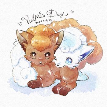 Rule 34 | alolan form, alolan vulpix, animal focus, blue eyes, brown eyes, check commentary, commentary request, dated, fox, gen 1 pokemon, gen 7 pokemon, lying, miketoevecan, nintendo, no humans, one eye closed, pokemon, pokemon (creature), pokemon focus, simple background, traditional media, vulpix