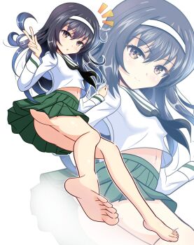 1girl ass barefoot black_hair blush breasts brown_eyes closed_mouth commentary_request dated girls_und_panzer gratin_(kumaisao) hairband highres long_hair looking_at_viewer navel no_panties ooarai_school_uniform open_mouth pleated_skirt reizei_mako school_uniform skirt small_breasts smile solo v