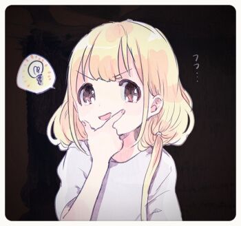 Rule 34 | 1girl, blonde hair, brown eyes, comeco, futaba anzu, idolmaster, idolmaster cinderella girls, light bulb, long hair, looking at viewer, low twintails, shirt, smile, solo, spoken light bulb, t-shirt, twintails, upper body