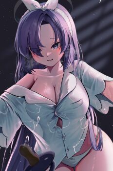 absurdres animal_print black_halo blue_archive blue_pajamas bow bow_panties breasts button_gap cat_print cleavage commentary english_commentary halo highres kraken_mikan long_hair looking_at_viewer nightshirt no_pants off_shoulder official_alternate_costume pacifier pajamas panties purple_eyes purple_hair sleepwear tears underwear white_panties yuuka_(blue_archive) yuuka_(pajamas)_(blue_archive)