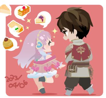 Rule 34 | 01 (zeroichi srl), 1boy, 1girl, atelier (series), atelier lulua, black pants, boots, border, brown eyes, brown hair, cake, cake slice, cheesecake, chibi, chibi only, closed eyes, commentary request, elmerulia frixell, food, from behind, full body, jacket, long hair, long sleeves, looking at another, no lineart, open mouth, pants, pink background, pink jacket, profile, short hair, skirt, smile, sparkle, spoken food, standing, standing on one leg, sterkenburg cranach, white border, white skirt