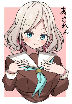 1girl absurdres aqua_neckerchief blue_eyes border breast_suppress breasts brown_dress ceras_yanagida_lilienfeld commentary cropped_torso dress grey_hair hair_ribbon hasu_no_sora_school_uniform highres large_breasts link!_like!_love_live! long_sleeves looking_at_viewer love_live! neckerchief outside_border pink_background pink_ribbon ribbon sailor_collar sailor_dress school_uniform simple_background solo tange_murasaki translated virtual_youtuber white_border white_sailor_collar winter_uniform