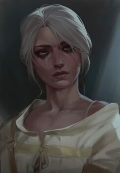 1girl ciri dandulian facial_scar green_eyes highres portrait scar scar_on_cheek scar_on_face shirt solo the_witcher_(series) the_witcher_3 white_hair white_shirt