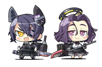 2girls black_cardigan black_dress black_gloves blush breasts cardigan chibi collared_shirt commentary dress eyepatch glaive_(polearm) gloves hair_between_eyes halo headgear highres holding holding_polearm holding_sword holding_weapon kantai_collection looking_at_viewer mechanical_halo multiple_girls neck_ribbon necktie open_mouth polearm purple_eyes purple_hair ribbon rigging shirt short_hair simple_background skirt smile standing sword tatsuta_(kancolle) tenryuu_(kancolle) weapon white_background white_shirt yagumo_kengou yellow_eyes