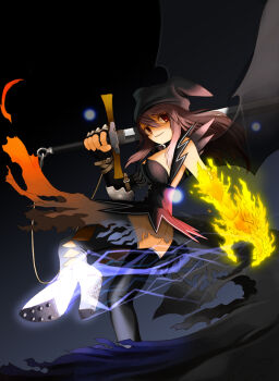 1girl archived_source arm_belt ass bat_wings belt belt_buckle black_boots black_collar black_gloves black_hat black_thighhighs black_wings boots breasts brown_belt buckle cleavage closed_mouth collar commentary_request demon_girl elbow_gloves elbow_pads fingerless_gloves fire flat_ass gloves gradient_background hat high_heel_boots high_heels holding holding_sword holding_weapon jester_cap kicking korean_commentary long_hair mabinogi medium_breasts nexon official_art over_shoulder pink_hair ran_system red_eyes see-through_clothes single_elbow_glove single_fingerless_glove smile solo succubus_(mabinogi) sword textless_version thigh_boots thighhighs weapon weapon_over_shoulder wings wrist_belt